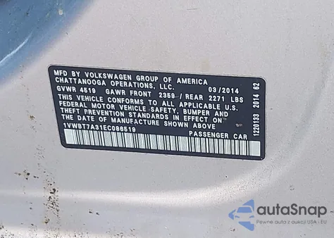 2014 Volkswagen Passat 1.8T Se from USA, damaged, VIN 1VWBT7A31EC086519